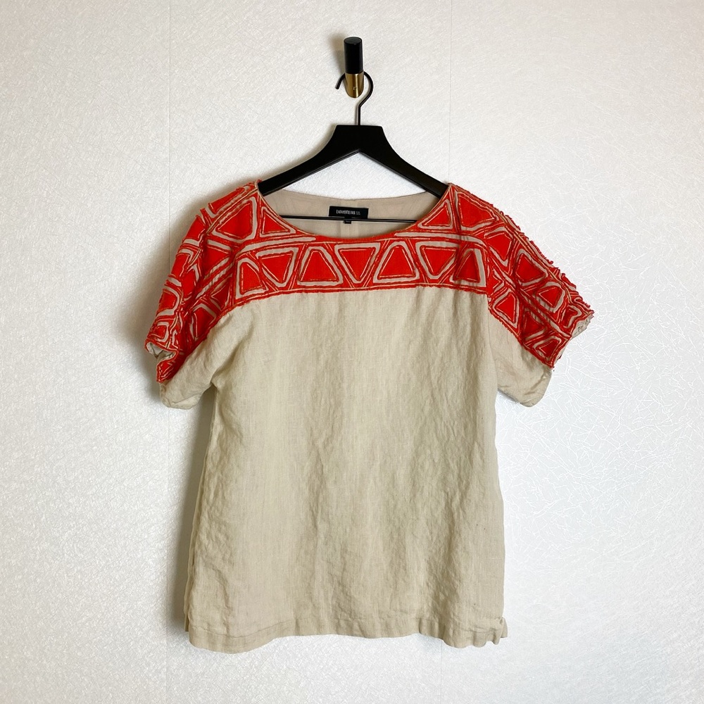 Lafayette 148 Cream 100% Linen Embroidered Yoke Khaki Blouse Red Geometric